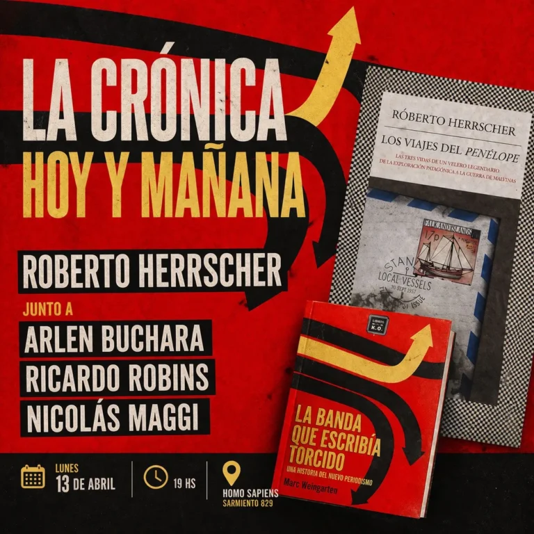 Roberto Herrscher y panelistas en charla sobre periodismo narrativo en Rosario