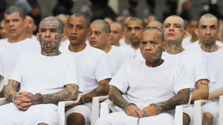 Pandilleros de la Mara Salvatrucha en el Centro de Confinamiento Contra el Terrorismo durante un juicio virtual
