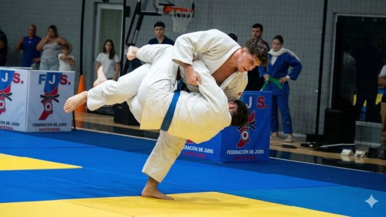 Judocas compitiendo en el Torneo Apertura de la Federación de Judo Santafesina en Rosario Arena Sports.